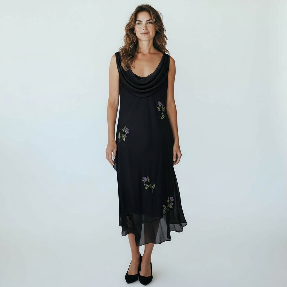 Alex Evenings Vintage Black Beaded Chiffon Dress Whimsigoth Fairy Formal Gown